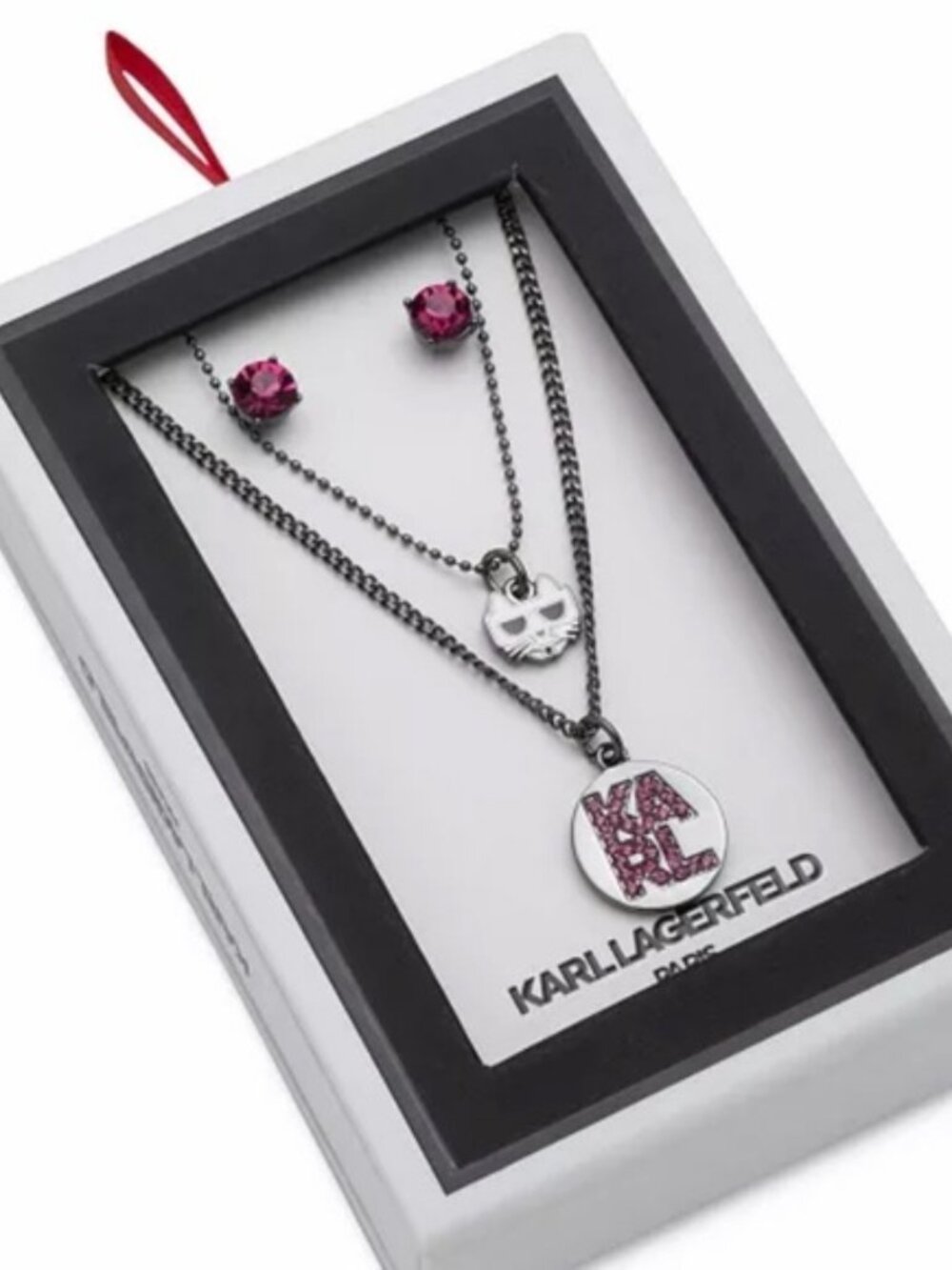Karl Lagerfeld Paris Pink Crystal Layered Necklace & Earrings Set NIB